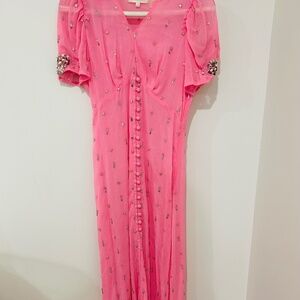 LoveShackFancy Pink Silk Gown - Sequin Bow Shoulders - Crystal Beaded.